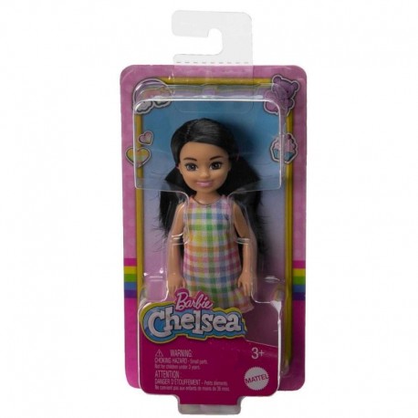 Barbie Chelsea Doll Small Doll Wearing Removable Plaid Dress With Black Hair & Brown Eyes