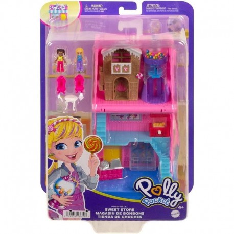 Polly Pocket Pollyville Sweet Store Dolls and Playset, Mini Toys with 2 Micro Dolls and 3 Accessories