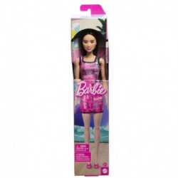 Barbie Fashion Doll With Dark Burgundy Hair Wearing Removable Pink Dress & Shoes With Logo Print