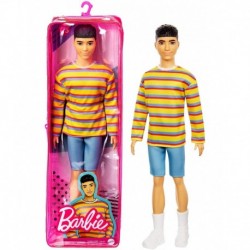 Barbie Ken Fashionistas Doll 175, Long-Sleeve Colorful Striped Shirt and Light Blue Denim Shorts