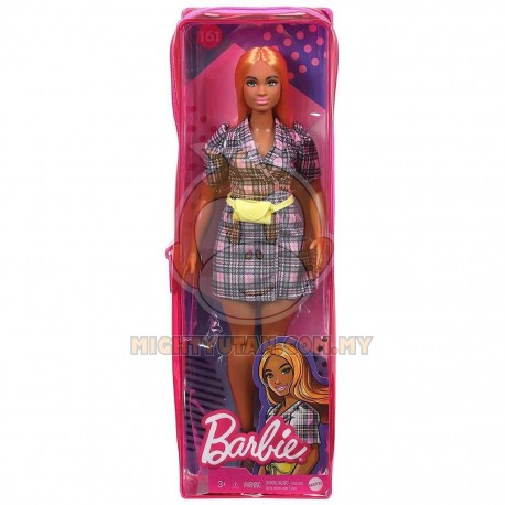 Barbie Fashionistas Doll 161 Curvy with Orange Hair Wearing Pink Plaid Dress, Black Boots & Yellow Fanny Pack