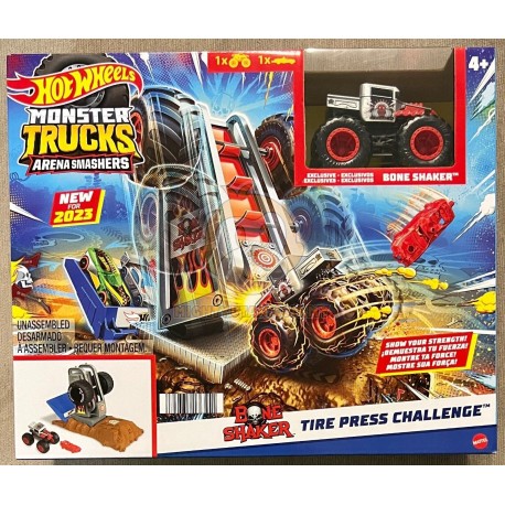 Hot Wheels Monster Trucks Arena Smashers Bone Shaker Tire Press Challenge Playset